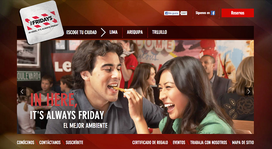 Página web de Fridays Perú.y es considerada una de las compañías líderes en la industria de la comida casual.